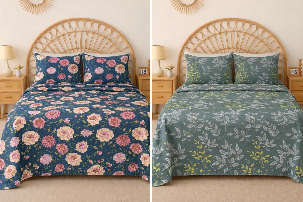 BSB HOME 2 Bedsheet Combo Set with 4 Pillow Covers – Premium Cotton Glace Cotton Printed Double Bedsheets, 2 Elegant Colors, Soft Breathable Luxury Bedding Set - Midnight Bloom Blue