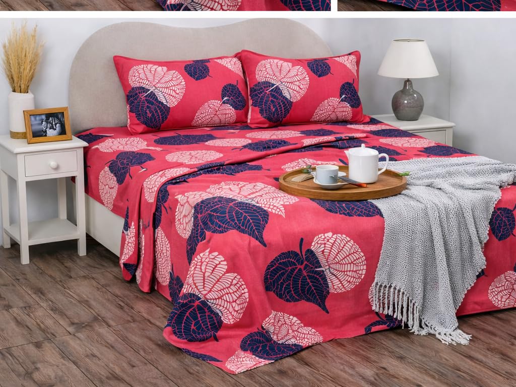 HOME Double Bedsheet 144 TC Microfiber with 2 Pillow Covers | Smooth, Lightweight & Quick-Dry Bed Sheet Set | Comfortable Bedding for Home, Guest Room & Daily Use - Crimson Botanical